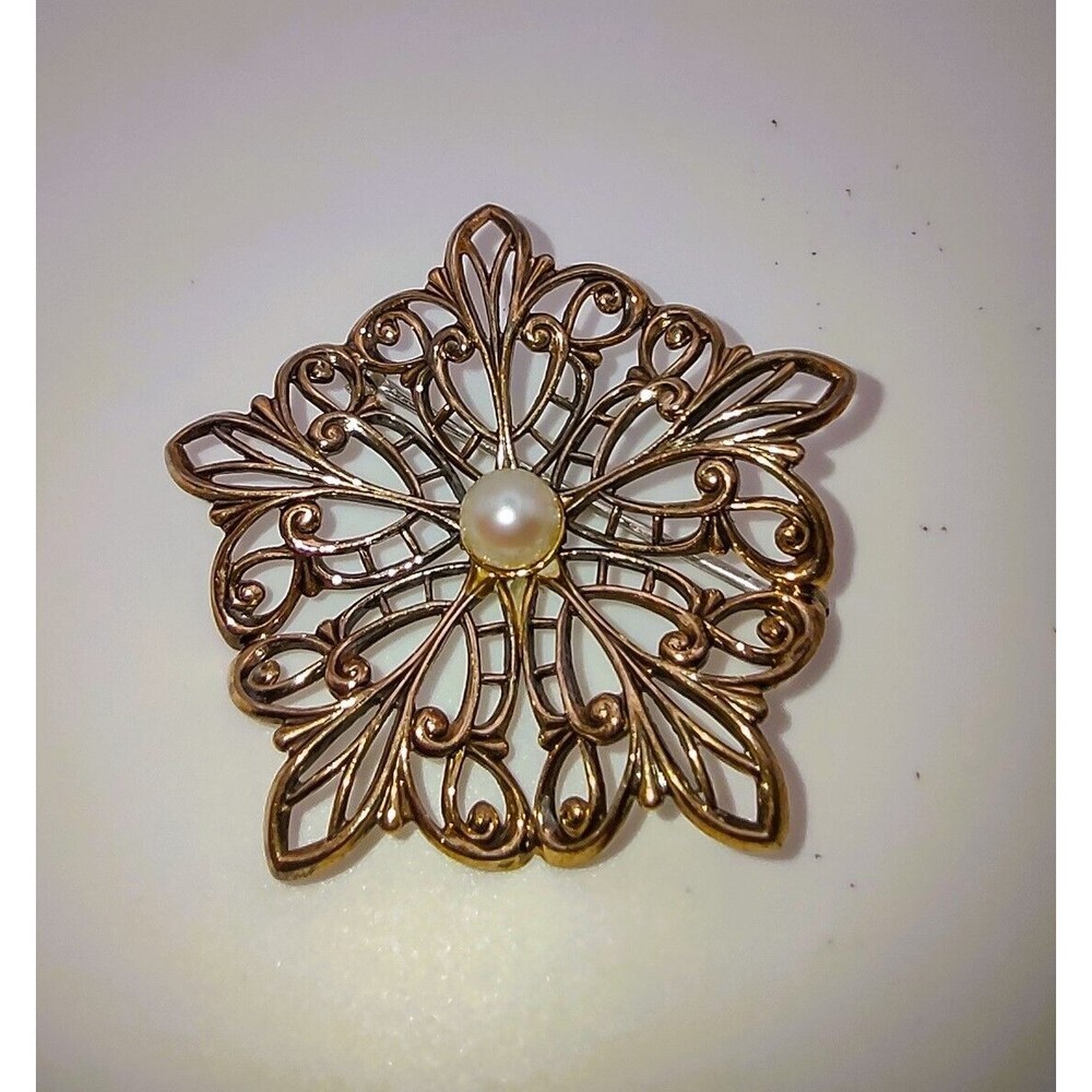 SYMMETALIC ART DECO BROOCH w/ Pearl Marked Sterling 1/20 14k (14k Gold Overlay)